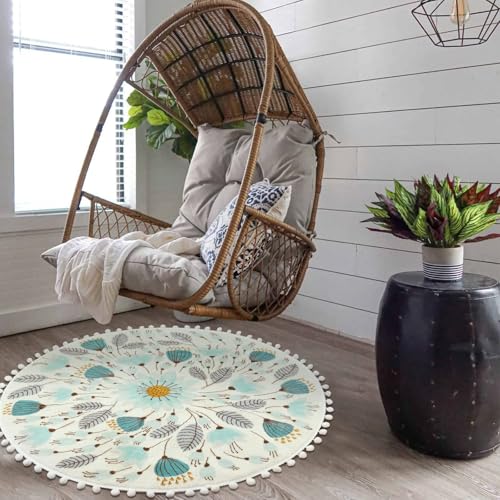 Uphome Round Rug For Bedroom 3' Circle Cute Bathroom Rugs With Pom Poms Fringe Floral Plant Washable Throw Rugs Non-Slip Soft Floor Mats For Sink Powder Entryway Living Room Nursery thumb #7