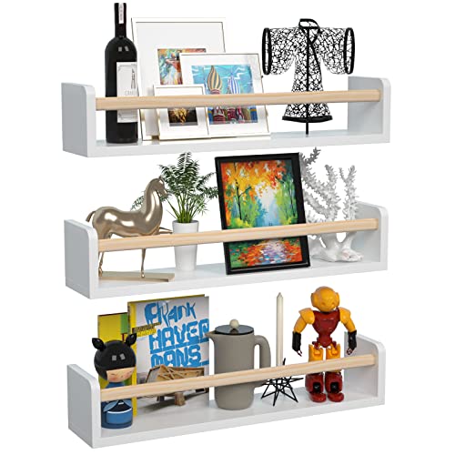 Image of ZCO Wood Floating Book Shelves, 24 Inch Book Shelf Organizer for Living Room, Picture Frames, Wall Shelf for Bedroom, Home Décor, Living Room, Set of 3, White-Natural