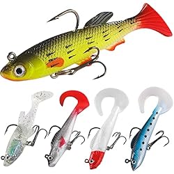 Señuelos Evia TUXIBIN 5 señuelos de Pesca, Conjunto de Cebo,3D Ojos Suaves señuelos de Pesca, Cebo Artificial de Cola en T, Señuelos Pesca, Cebos Artificiales,para Lucio para la Pesca de Agua Salada, Trucha, Perca