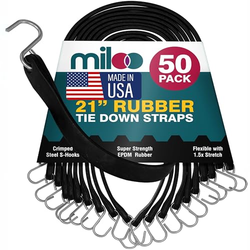 Miloo Rubber Bungee Cords with Hooks – Heavy-Duty EPDM Tarp Straps – 21-Inch, Pack of 50 – Made in USA