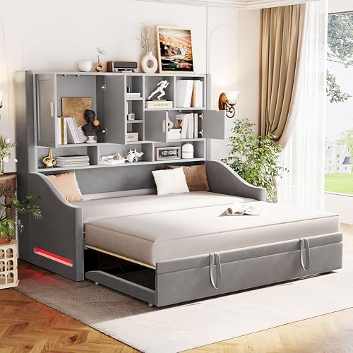 Merax Twin Size Velvet Upholstered Daybed with Pull-Out Lift-Up Twin Trundle, Wall Storage Shelves & Cabinets, Convertible Twin to King, Wood Bed Frame with Armrest Lights (Gray)