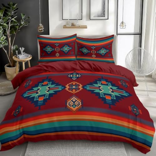 Housse de couette 200x200 géométrique bohème avec 2 taies d'oreiller
