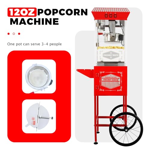 Image of 12 oz Popcorn Machine with Cart, Commercial Popcorn Maker Machine with Stainless Steel Kettle, Warming Light, Vintage Movie Theater-Style Popper for Home, Party and Carnival Events
