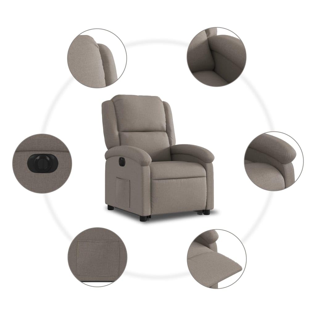 Sillón elevador eléctrico reclinable de tela color pardo con motor para elevación e inclinación automática, respaldo ajustable y reposapiés, estructura estable