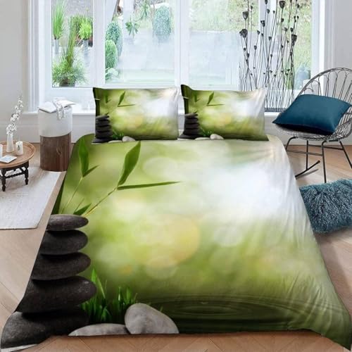 Feuilles de Bambou Et Pierres Noires Housse de Couette 200x200 Parure de Lit Méditation Zen Microfibre Impression 3D Une House de Couette et Deux Taies...