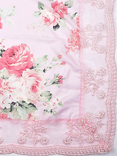 Image of DUPATTA BAZAAR Woman's Baby Pink & Multicoloured Printed Muslin Dupatta