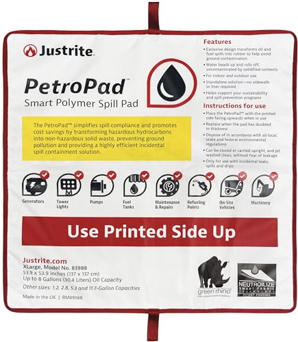Image of Justrite PetroPad 8 Gallon Capacity Oil Absorbent Pads, 53 inch x 53 inch, Eco-Friendly Washable and Reusable Absorbent Oil Mat for Indoor and Outdoor Use, X-Large, 83988