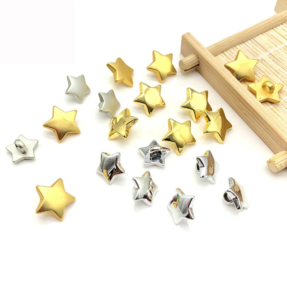 30PCS 15MM Gold Star Buttons DIYS Sewing Embellishment Star Shape Shank Plastic Buttons for Leather Craft Clothing Bags Belts Shoes DIY Accessories