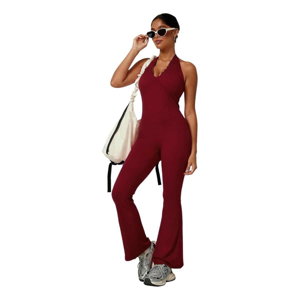 Ropa de Yoga para Mujer Body con Cuello En V Encaje, Traje Deportivo Alta Elasticidad Halter Acampanado, Deportiva Una Pieza-re-s