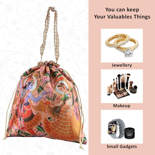 Image of Kuber Industries 2 Pcs Potli Bag For Women & Girls With Pearl Handles | 8x9 Inch Gifting Handbag /Purse - Ideal For Party, Wedding & Events | Radha Krishna Print - Peach & Green