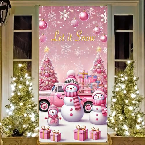 Image of BlissYard Pink Snowman Christmas Door Cover 35x71 Inch Snow Door Banner, Pink Holiday Door Decoration for Front Door, Indoor Outdoor Winter Christmas Backdrop Photography Party Decor
