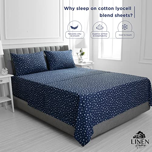 Image of Linen Home Cotton Lyocell Blend Percale Sheet Set Queen Size - 4 Piece Deep Pocket Bedding, Pre-Washed & Shrunk, Crisp Cooling Fabric, Fade-Resistant, Hotel Luxury, Wrinkle-Free - Polka Navy