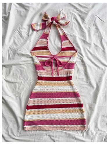 SOLY HUX Women's Striped Bodycon Halter Dress Sleeveless Cut Out Backless Beach Vacation Mini Knit Dresses2