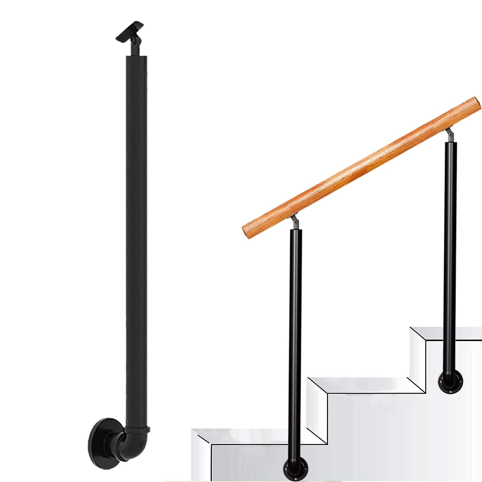 Stair Railing Post Fit 2 or 4 Steps Transitional Handrails for Front Porch Steps, 1 Adjustable Angle Wrought Iron Post and Screws, Side-Mounted Baluster Column(95cm(37.4in))