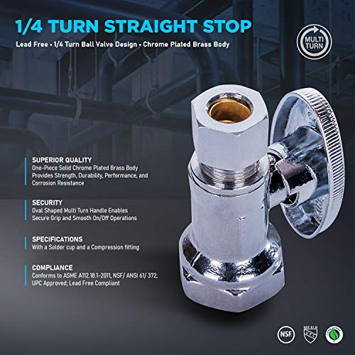 Image of Midline Valve 82138QS-OM-5 Water Supply Stop Valve with Quarter Turn Wheel; One Piece Design; Straight Shut-off for Toilet, Sink, Dishwasher; 3 /8 in. FIP x 3 /8 in. COMP; Chrome Plated Brass (5 Pack)