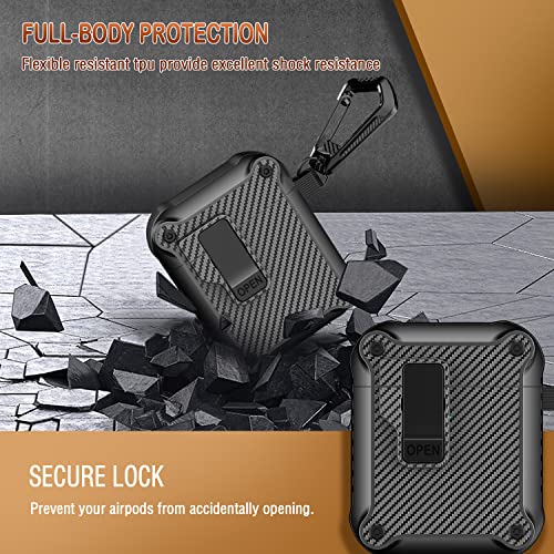 R-Fun Airpods Case Cover With Automatic Secure Lock Clip, Protective Rugged Hard Shell For Apple Airpods 2Nd & 1St Generation Charging Case With Carbon Fiber Keychain-Black #TOP2