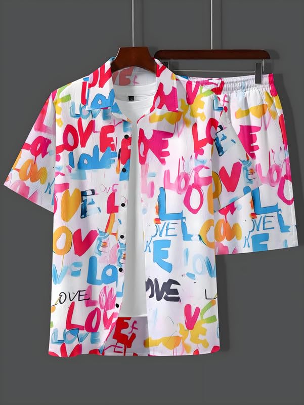 Image of Men's Printed Co-Ord Set | Plus Size Casual Shirt & Shorts Set | Nightwear Pajama Suit, Loungewear, Beachwear & Vacation Outfit Design No Shirt-Short Set10-Parent