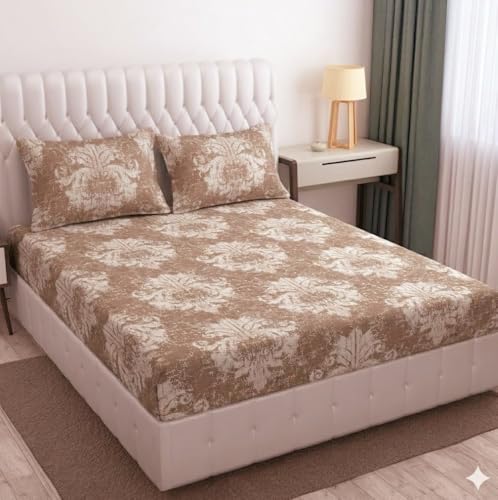 Image of Cotton Bolls Textiles Glace Cotton Fitted Bedsheet 72x72x6 Inch with 2 Pillow Covers - Soft Breathable Fabric, Elastic All Around, Printed Bedding for Double Bed