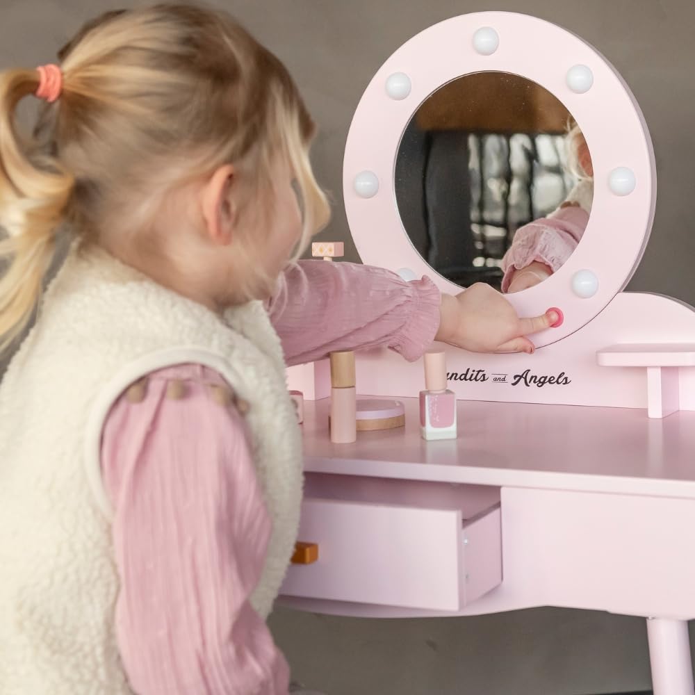 Bandits & Angels Kinderschminktisch Sofia Rosa mit Spiegel und Beleuchtung für Mädchen ab 3 Jahren - Schminktisch aus Holz - Schminktisch inklusive Hocker - Für Kinder