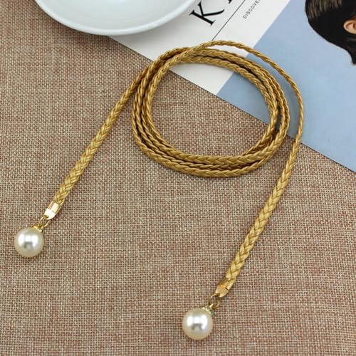 ikasus Women's Waist Belt, Braided Woven Tassels Chain Belt PU Leather Rope Belt with Pearl, Boho Fringe Belt for Dress, Gold3