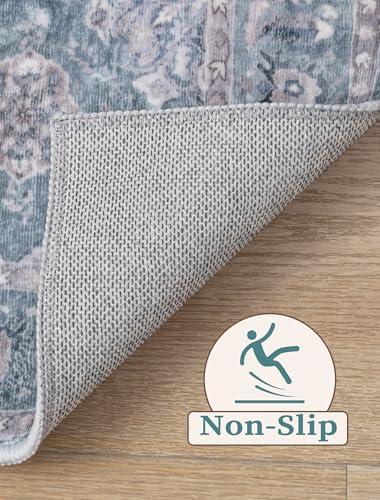 SERISSA Boho Washable Runner Rug, 2x6 Rug Non-Slip Vintage Floral Hallway Kitchen Runner Rug Ultra Soft Print Distressed Blue Grey Floor Carpet for Bedroom Bathroom Laundry Room