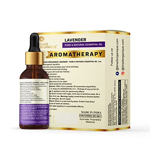 Image of Khadi Organique Lavender Essential Oil | 100% Pure & Natural Oil for Hair Growth, Stress Relief & Glowing Skin | Soothing Aromatherapy & Massage Oil For Body | Helps in Meditation & Relaxation - 15ml