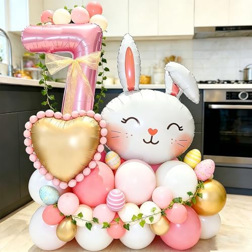 Bunny Themed Number 7 Balloon Column Set (1-9 Variants) - Pink Number, Cute Rabbit & Colorful Balloons for 7 Year Old Girl Birthday Decoration, 7th Easter Party Decorations (Pink 7) - 2