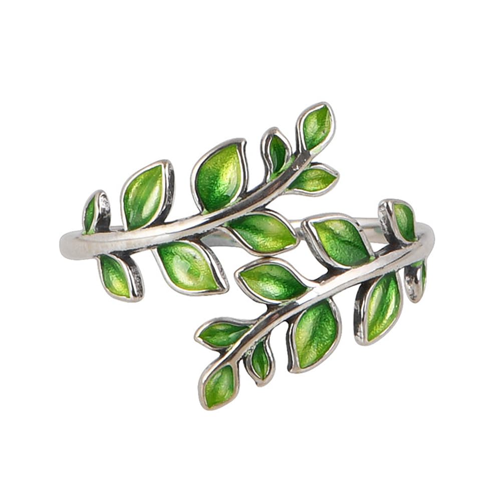 Green Enamel Leaf Ring for Women 925 Sterling Silver Cloisonne Leaves Ring Jewelry Open Adjustable