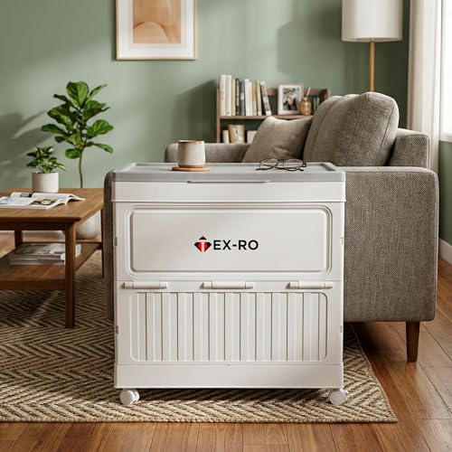 Image of TEX-RO 150 Ltr Large Plastic Storage Box and Organiser with Wheels | Foldable Trunk Box for Storage, Clothes, Blankets | Waterproof Outdoor Balcony Storage Cabinet with Lid (White & Grey)