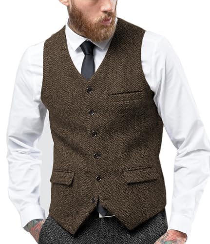 Tuikayoo Mens Herringbone Suits Vests Wool Business Tweed Retro Waistcoats Groomsman Slim Fit(Small, Coffee)