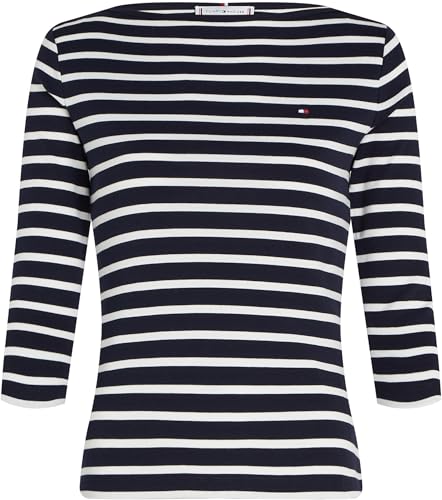 Tommy Hilfiger Camiseta de Manga Larga para Mujer Slim con Cuello Barco, Multicolor (Breton Desert Sky/Ecru), L