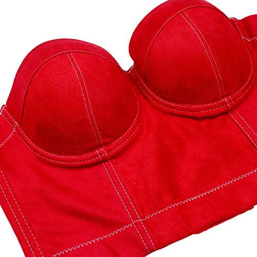 Ellacci Faux Suede Leather Bustier Crop Top Push Up Women's Corset Top Bra Red Medium #TOP3