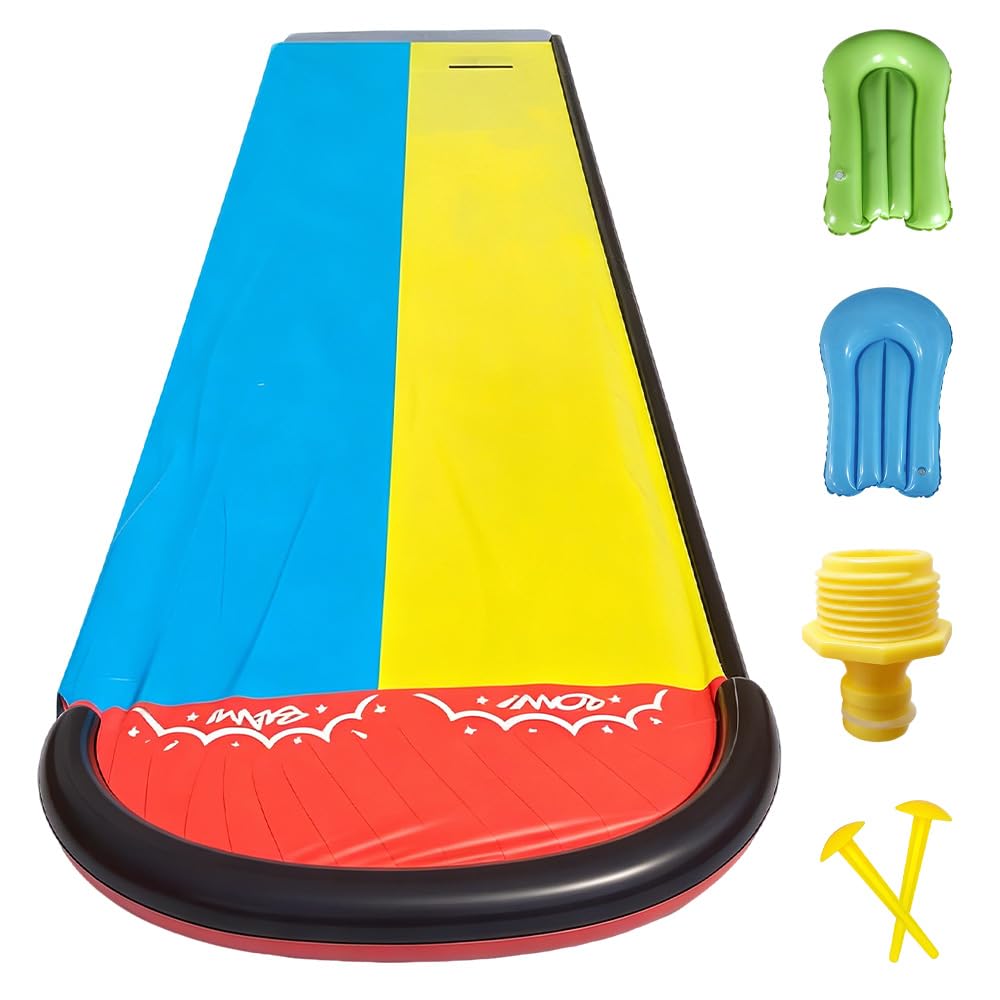 Wasserrutsche Garten 600x140cm Doppel-Wasserrutsche mit 2 Bodyboards, eingebautem Sprinkler