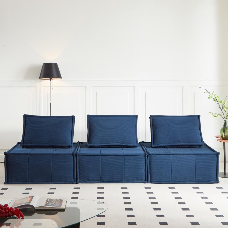 (similar incomplete)modular sectional sofa, 3-piece 105\" deep seat corduroy lounge sofa with movable cushions, modular couch for small spaces, living room, bedroom, apartment, office - blue blue(3pcs)
