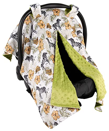 Image of Top Tots Deluxe Minky Baby Car Seat Cover - Tropical Zebra, 40 x 29 Inch Yellow Green