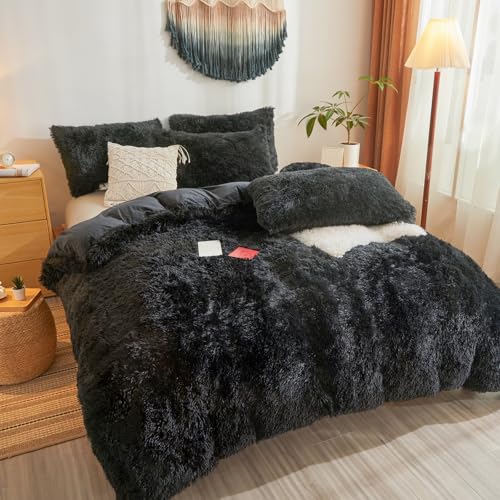 Fluffy Faux Fur Black Comforter Cover Queen Set – Plush Fluffy Black Bedding 3-Piece Set (1 Duvet Cover + 2 Furry Pillow Shams) Cozy Bed Set