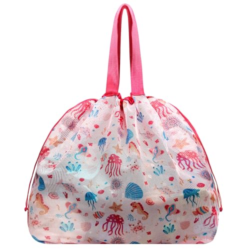 LAHAQIQI XXL Mesh-Netztasche für Strandspielzeug mit Kordelzug Falbar Leichtgewicht & Praktisch für Schwimmbad Reisen & Sommer-Essentials für Frauen und Kinder (Muschel-Rose Rot)
