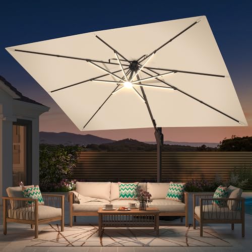 Image of 10' X 13' Patio Umbrella with Weighted Base and LED Lights Outdoor Cantilever Large Rectangle Offset Umbrellas Heavy Duty Aluminum Double Top with 360-degree Rotation for Pool Garden Deck, Beige