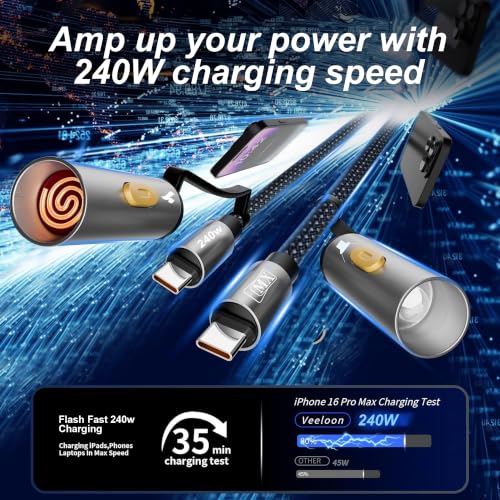 Image of MX 240W USB-C Cable 3-in-1 Multi-Function Charging Cable 1.2M with LED Flashlight & Electric Plasma Lighter, PD Fast Charging Cable with E-Marker Chip, Nylon Braided Type-C Cable for USB-C Devices