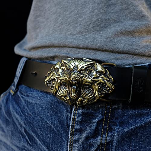 Leather belt with brass buckle Cerberus, Handmade underworld Hound of Hades solid brass belt buckle on leather belt4
