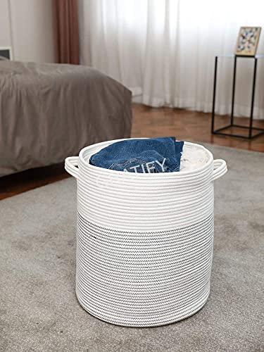 Image of GRATIFY Mansa Traders 12 inch x 12 inch x 14 inch Large Storage Basket with Lid, Cotton Rope Storage Baskets, Laundry Hamper, Blankets Pillows Storage in Living Room Baby Nursery, White&Black Stiches with Cover