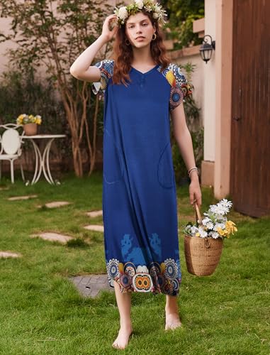 Image of Ekouaer Long Nightgown Women's Loungewear Short Sleeve Sleepwear Full Length Sleep Shirt with Pockets