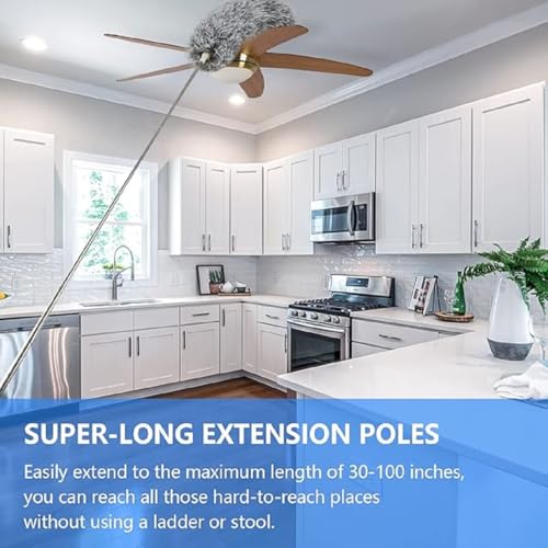 Image of Long Handle Microfiber Feather Ceiling Duster for Home Dust Cleaning 1pcs 100 Inch Extendable Pole & 2pcs Replaceable Bendable Brush for Cleaning High Cobweb Stick high Ceiling Fan Cleaner