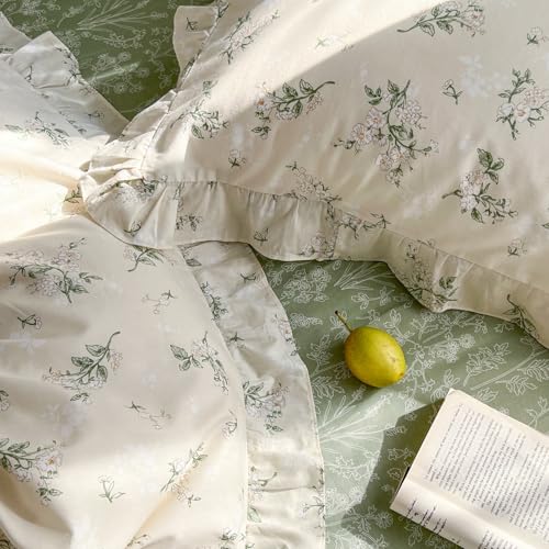 Image of MKXI King Duvet Cover Set Beige Floral Ruffled Bedding Cottagecore Floral Comforter Cover Green Reversible Aesthetic Bed Set Cotton Elegant Style with Pillow Shams