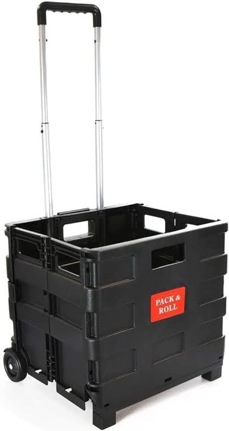 Foldable Plastic Book Trolley Cart Lightweight Teacher's Book Cart 2 Wheeled Book Trolley On Wheels Folding Storage Box with Aluminium Handle Shopping Trolley On Wheels (25KG, Black)