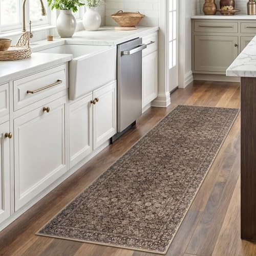 2x6 Rust Washable Runner Rug for Hallways, Soft Neutral Vintage Kitchen Rugs with Non-Slip, Non-Shedding Distressed Floral Rug for Bedroom Kitchen Porch Laundry Entryway