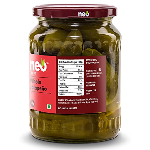 Image of Neo Whole Jalapenos 650g I P3 I 100% Plant Based I Ready to Eat Fibre Rich Topping for Snacks and Salads I Enjoy as filling for Wraps I (Pack of 3)