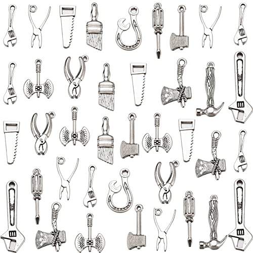 100g Mixed 3D Tool Charms DIY Arm Saw Wrench Screwdriver Axe Hammer Hatchet Shovel Chopper Hacksaw Vise Pincer Pliers Charms For Jewellery Making Necklace Bracelet