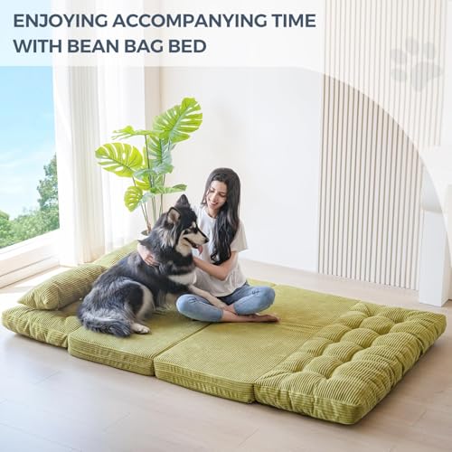 Image of MAXYOYO Folding Sofa Bed, Tufted Bean Bag Bed with Pillows Floor Couch for Adults, Extra Thick and Long Floor Sofa, Full Floor Couch Bed for Bedroom Living Room, Green, 54x91 Inch