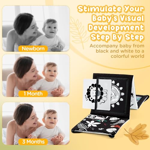 Image of URMYWO Tummy Time Mirror Toys, Visual Stimulation Learning Cards, High Contrast Black and White Baby Toys for Newborn, Soft Baby Book for Infant 0-12 Months, Baby Boy Girl Shower Gift